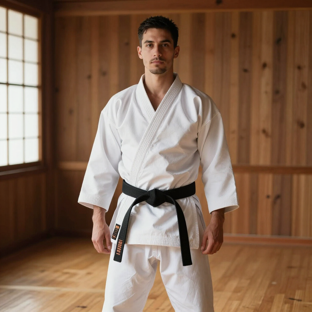 Een man in een wit vechtsportpak met zwarte band staat in een houten dojo.