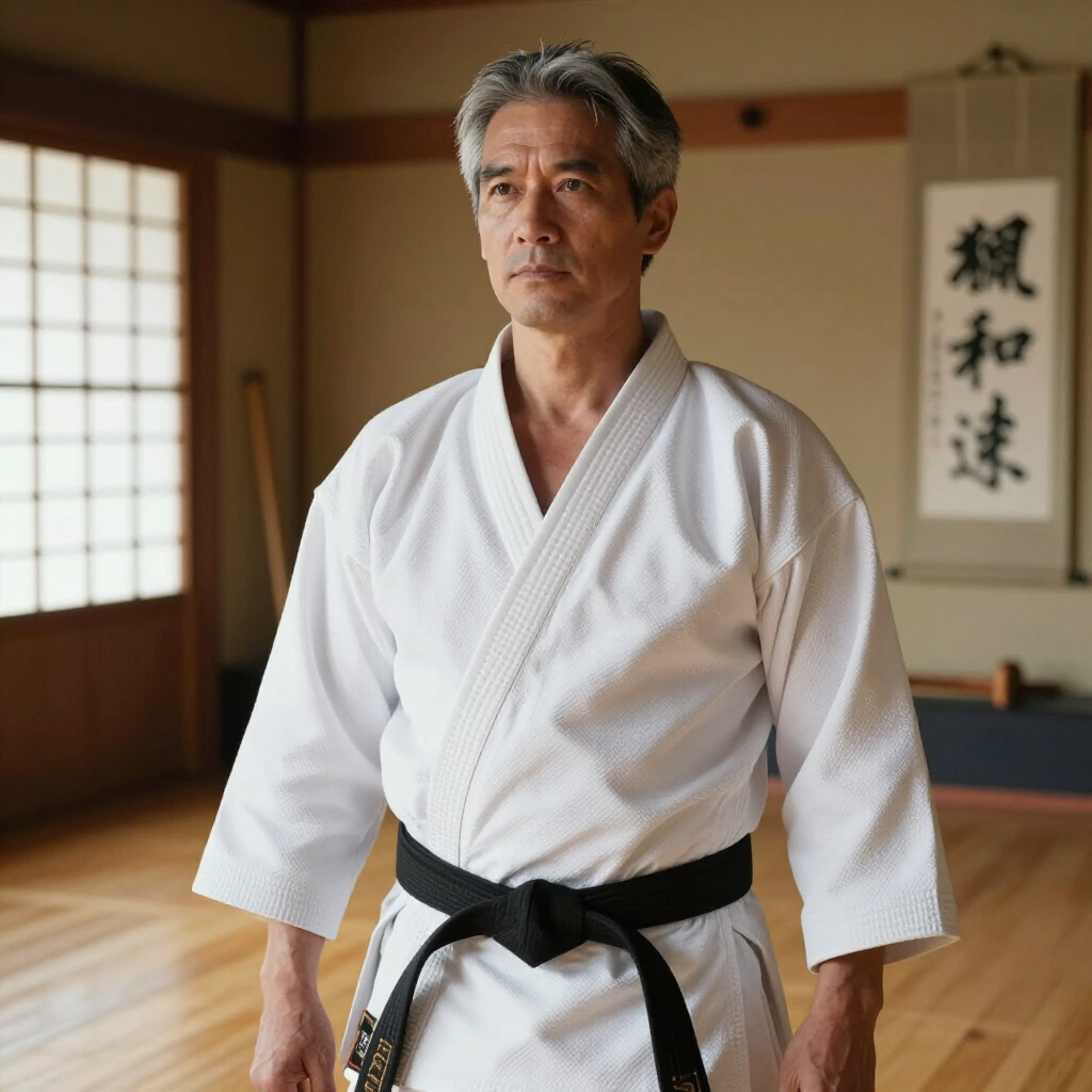 Een vechtsportinstructeur in een witte gi en met een zwarte band staat in een dojo met houten vloeren en kalligrafierollen.
