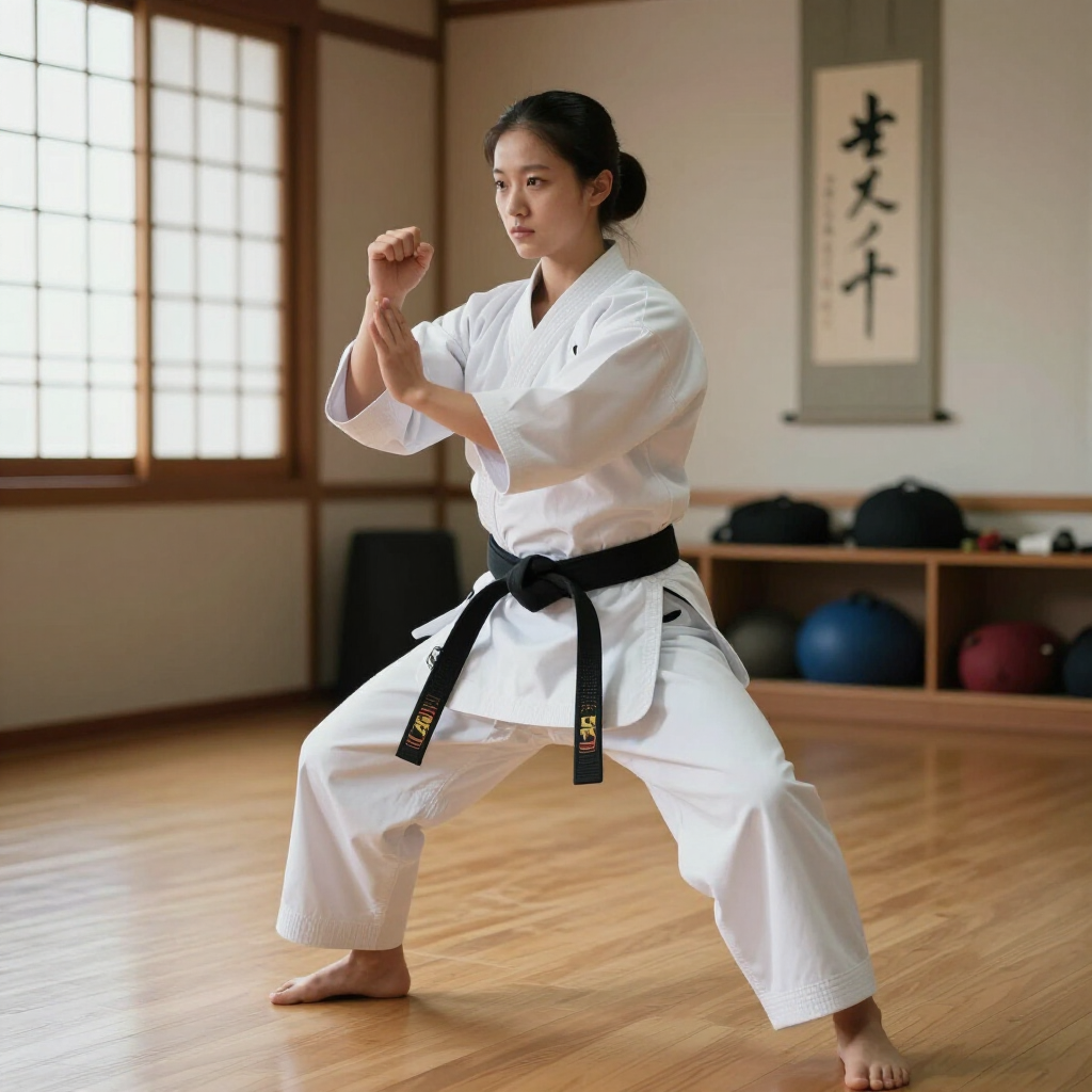 Vrouw in een witte karate-gi en zwarte band oefent een houding in een dojo.
