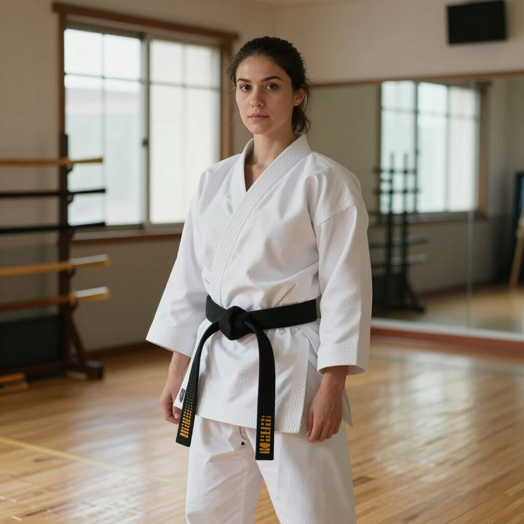 Een krijgskunstenaar in een witte gi met zwarte band staat in een dojo.