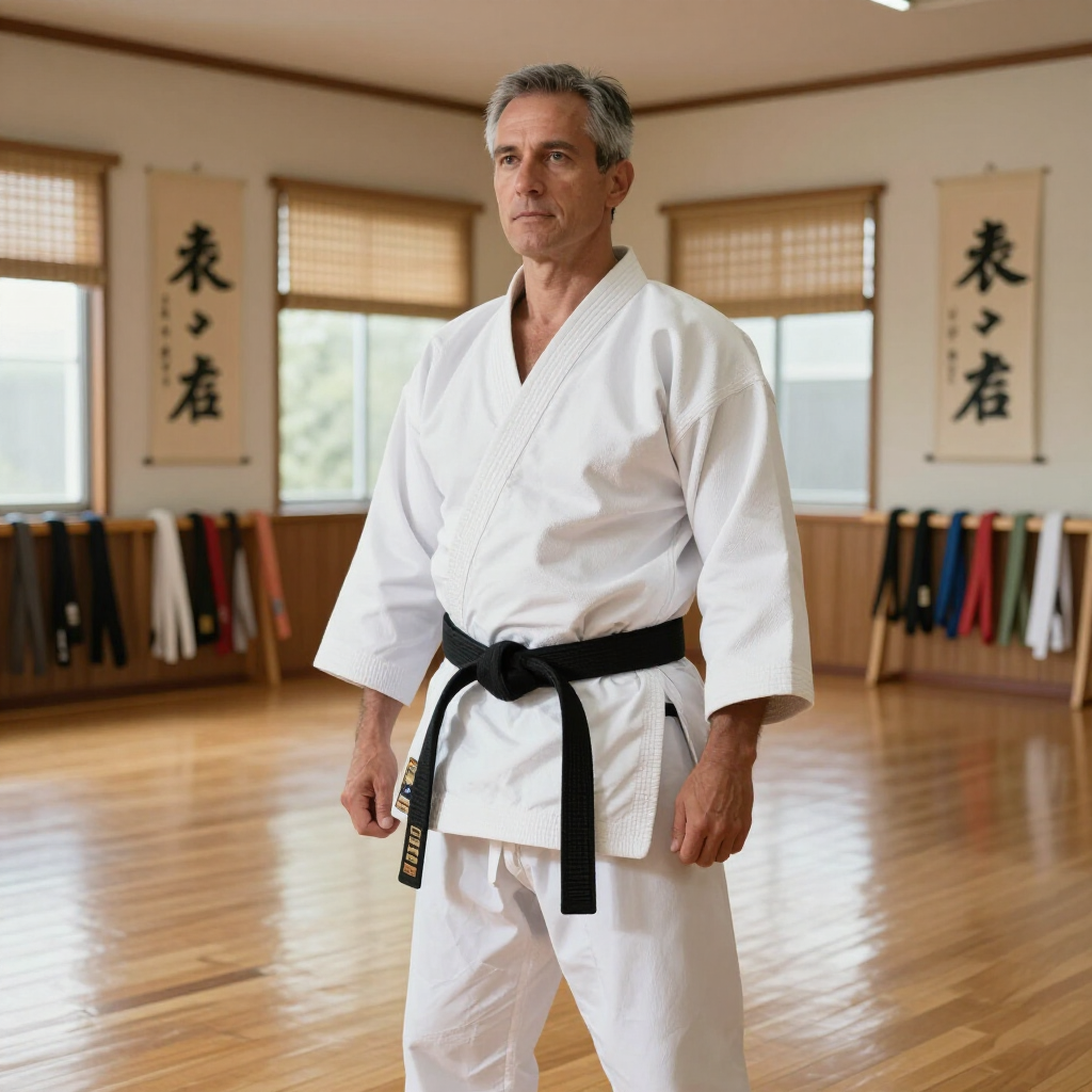 Een vechtsportinstructeur in een witte gi en met een zwarte band staat in een dojo met houten vloeren en hangende rollen.