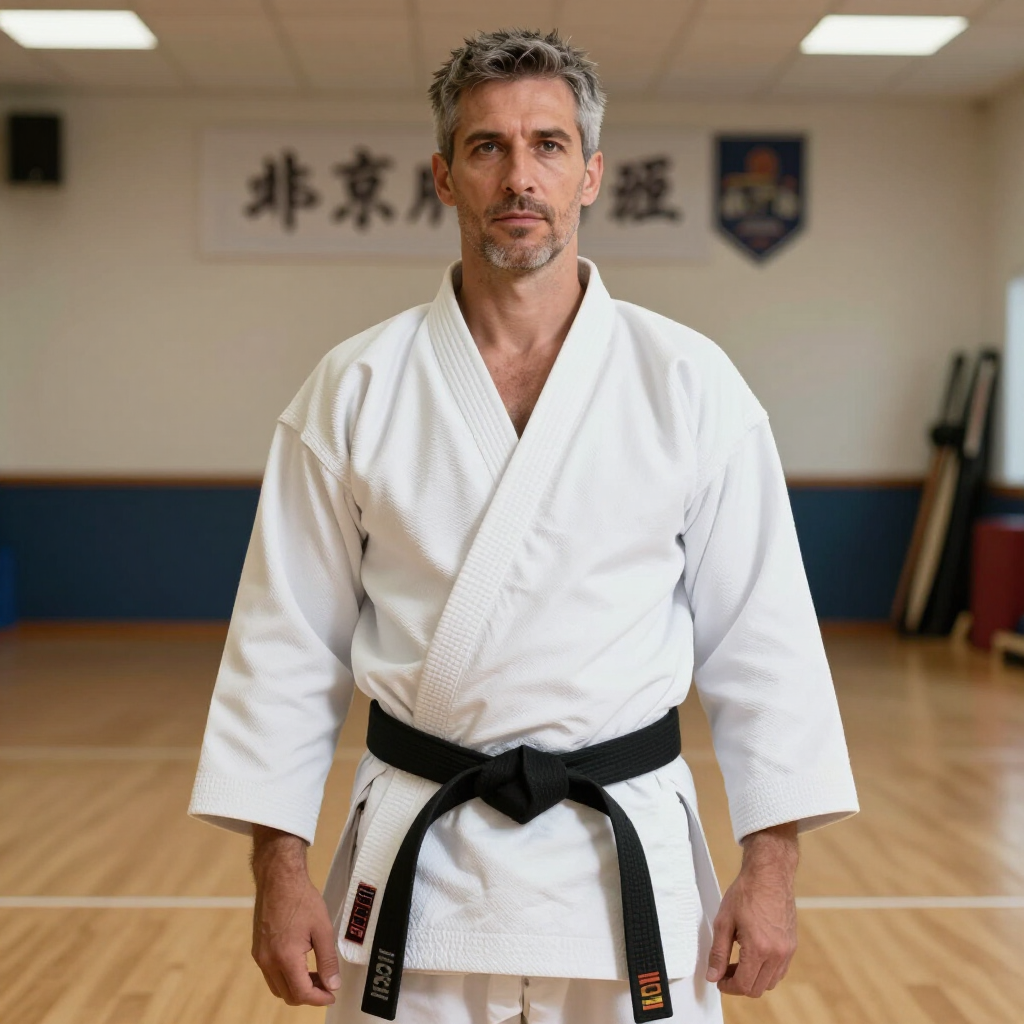 Man in een wit vechtsportpak met zwarte band, staand in een dojo.