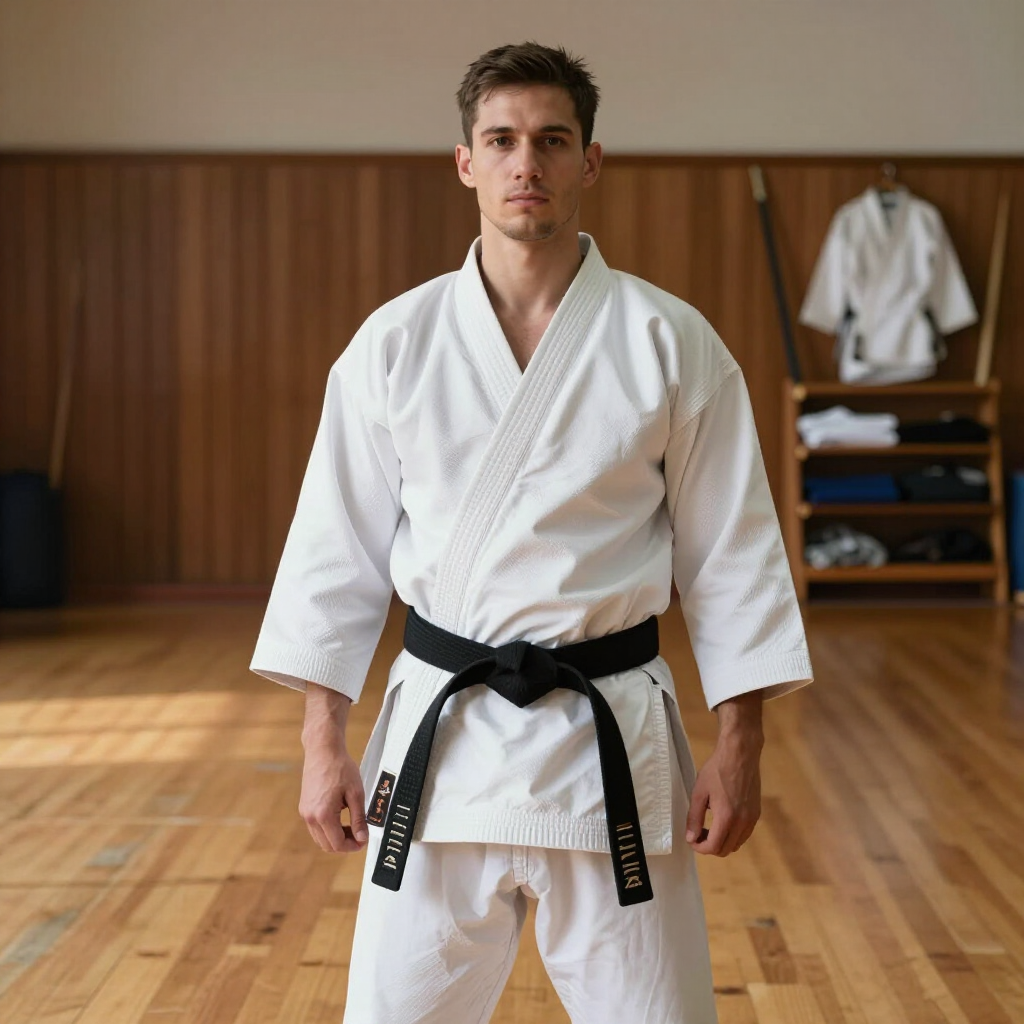 Man in een wit karatepak met zwarte band staat in een dojo op een houten vloer.