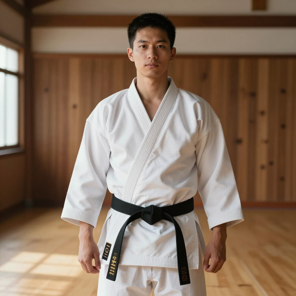 Een persoon in een wit karatepak met zwarte band staat in een houten dojo, met het gezicht naar voren.