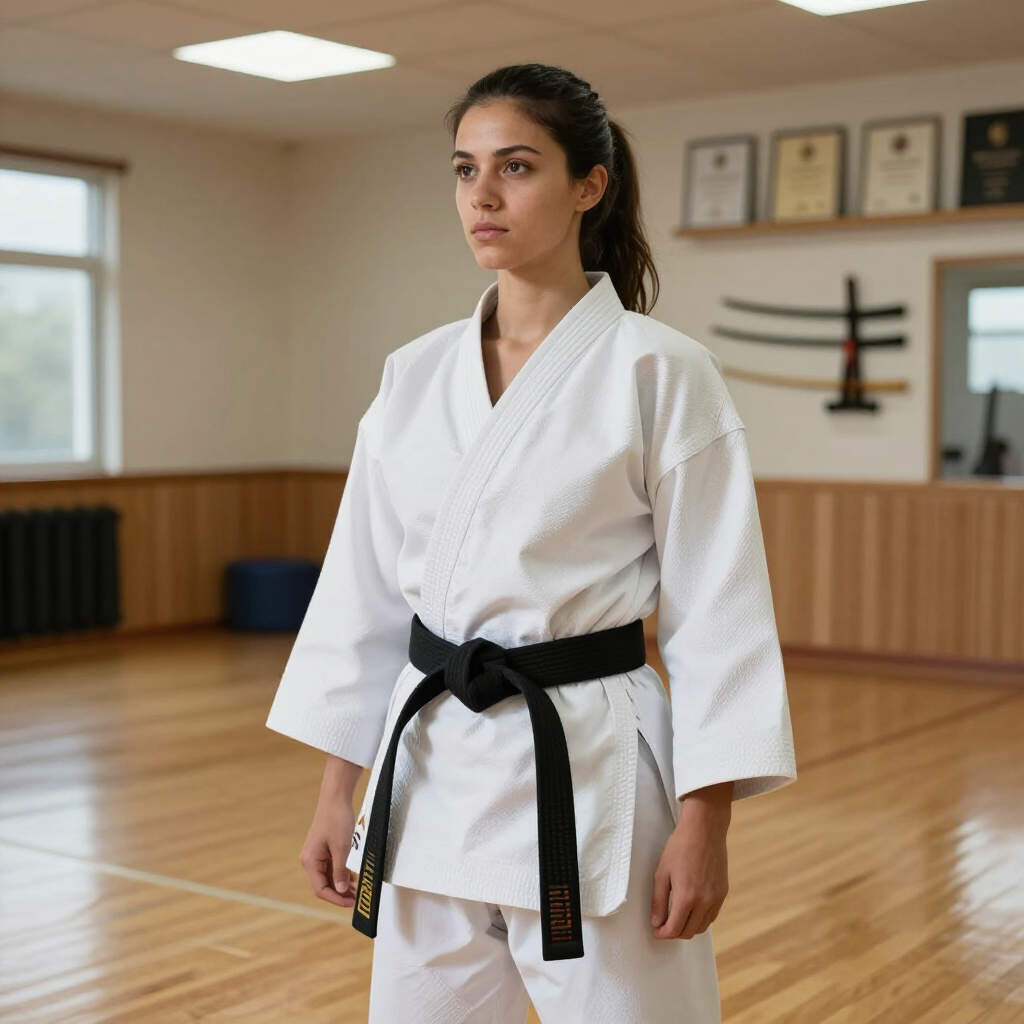 Een krijgskunstenaar in een witte gi met zwarte band staat in een dojo.