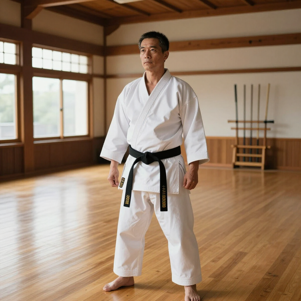 Een karatebeoefenaar in een witte gi met zwarte band staat in een lichte dojo met houten vloeren en trainingsstokken.