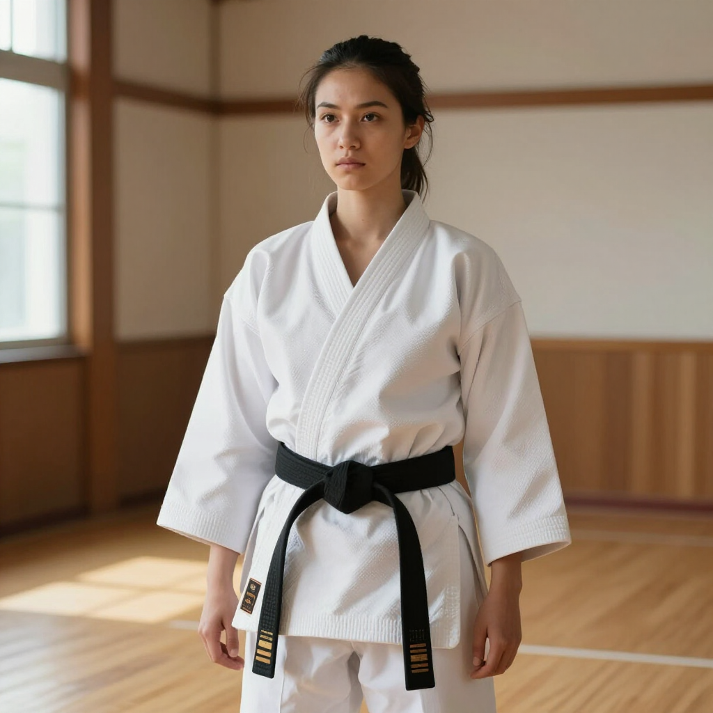 Een krijgskunstenaar in een witte gi met zwarte band staat in een dojo.