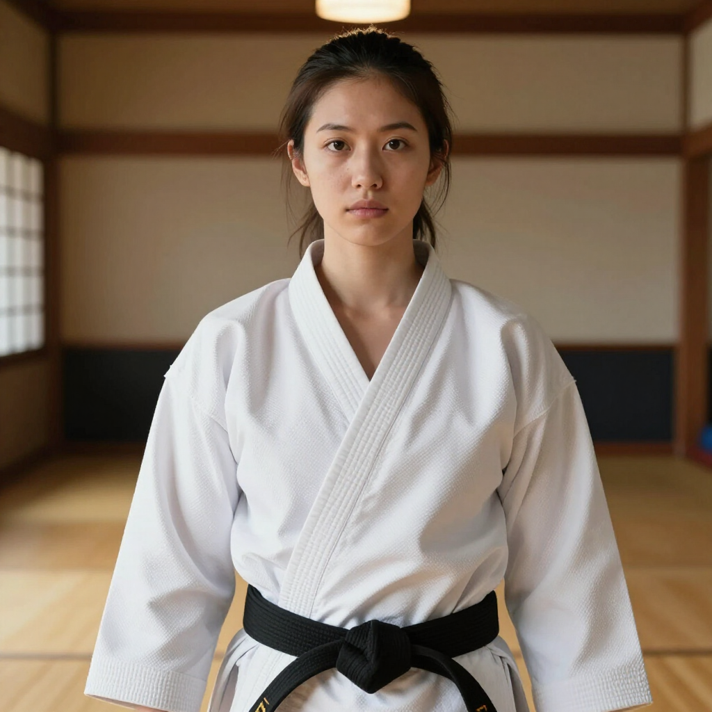 Een persoon in een wit vechtsportpak met een zwarte band staat in een dojo.