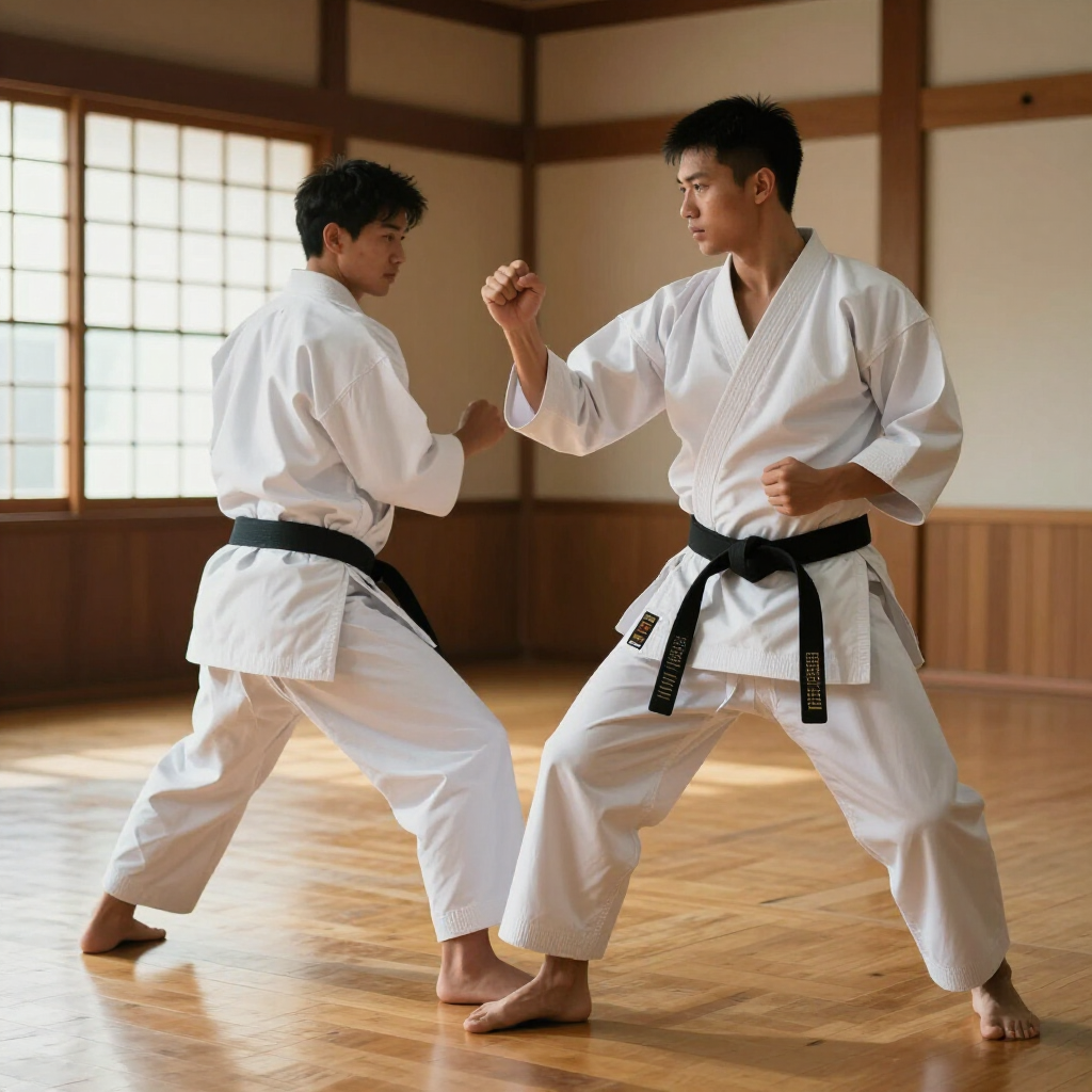 Twee karatebeoefenaars in witte gi's sparren in een dojo met houten vloeren en shoji-schermen.
