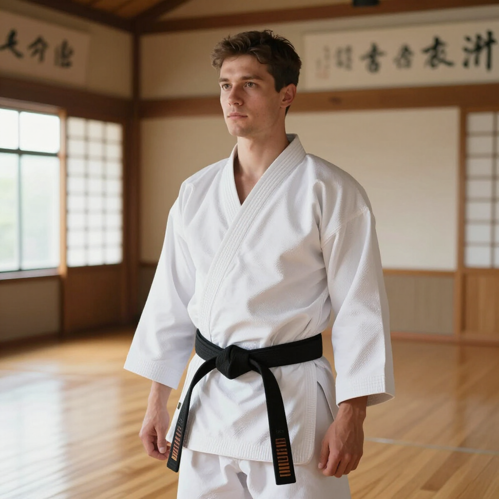 Een krijgskunstenaar in een witte gi met zwarte band staat in een dojo met houten vloeren en muren vol Japanse kalligrafie.