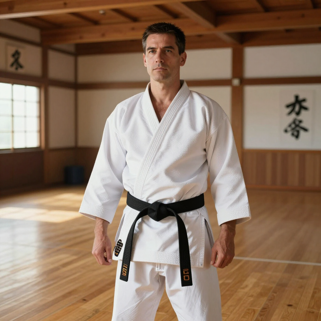 Een krijgskunstenaar in een witte gi met zwarte band staat in een dojo met houten vloeren en Japanse kalligrafie.