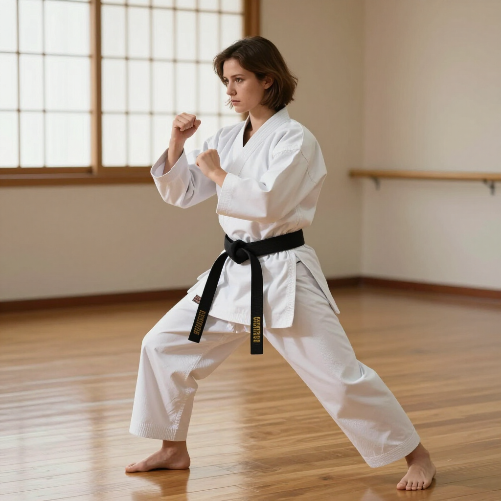 Een persoon in een wit karatepak met zwarte band oefent een vechtsporthouding in een dojo.