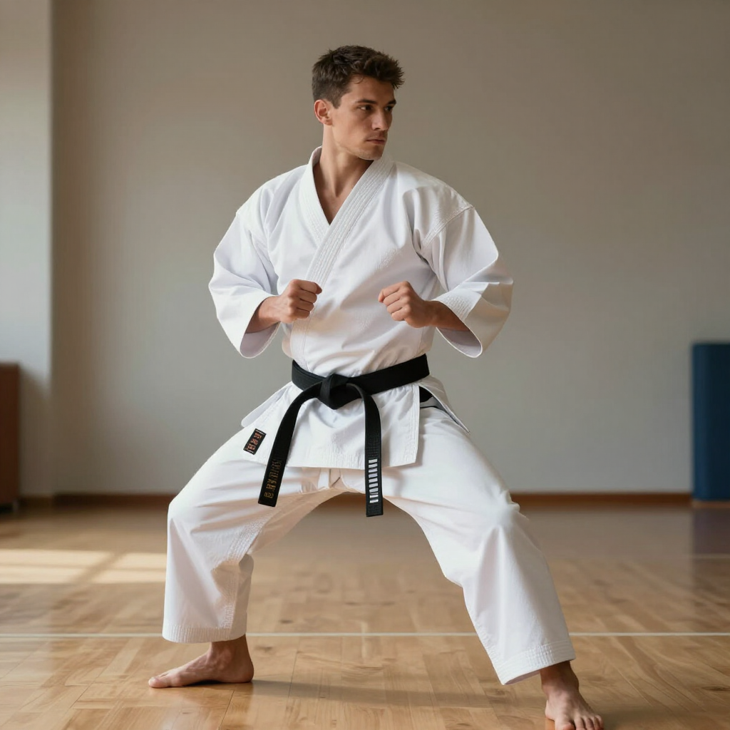 Een krijgskunstenaar in een witte gi en zwarte band staat klaar in een dojo met een houten vloer.
