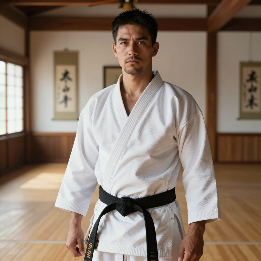 Een man in een wit karatepak met zwarte band staat in een dojo, met zijn gezicht naar voren.