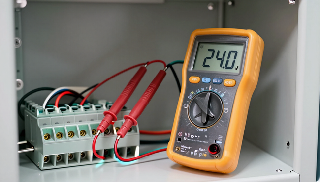 Digital multimeter and red probe leads inside an electrical cabinet, reading 24.0 volts