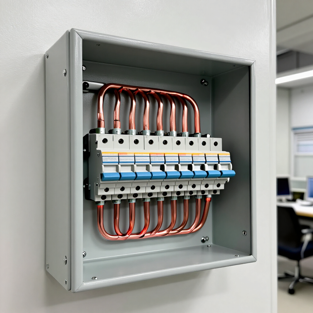 Open electrical panel with rows of circuit breakers and red wiring in a gray metal box