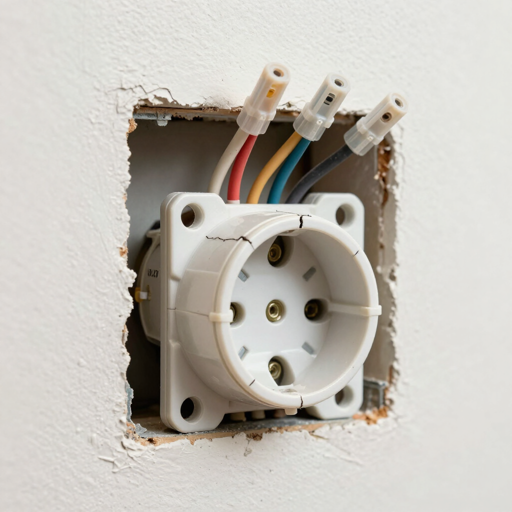 Partially installed white electrical outlet in a wall opening with exposed colored wires