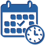 A blue calendar icon with a checkmark on a date and a clock symbol in the bottom right corner.