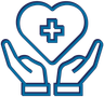 A blue line-art icon of two hands cupped upward, holding a heart shape with a medical cross inside.