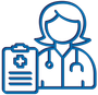 Blue line art icon of a medical professional with a stethoscope holding a clipboard with a medical cross.