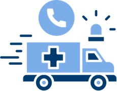 A light and dark blue icon of an ambulance speeding with a flashing siren and a phone symbol above it.