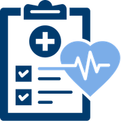 A dark blue clipboard with a medical cross icon, two checked boxes, and a light blue heart with an EKG line.