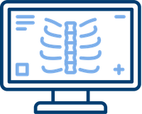Blue outlined icon of a computer monitor displaying a stylized X-ray of a human rib cage and spine.