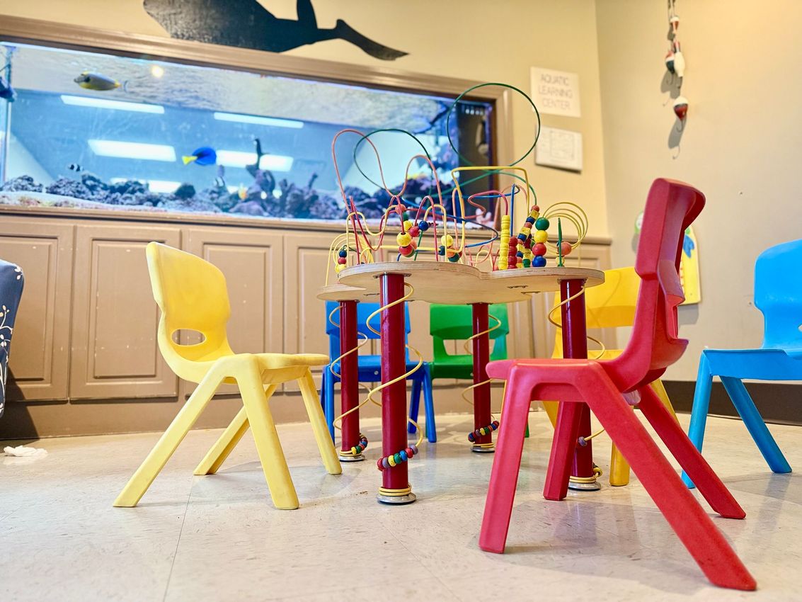 A child-sized table with a bead maze, surrounded by colorful chairs in front of a large aquarium in a room.
