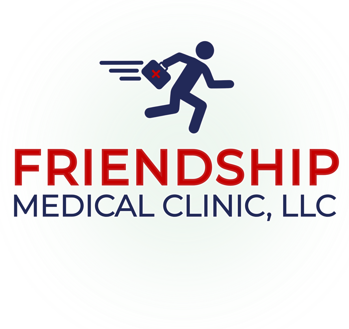 Logo for Friendship Medical Clinic, LLC featuring a dark blue icon of a person running with a medical bag above the text.
