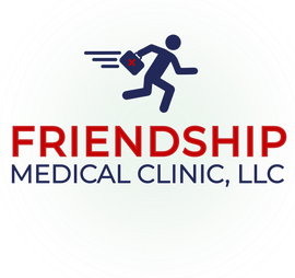 Logo for Friendship Medical Clinic, LLC featuring a dark blue icon of a person running with a medical bag above the text.