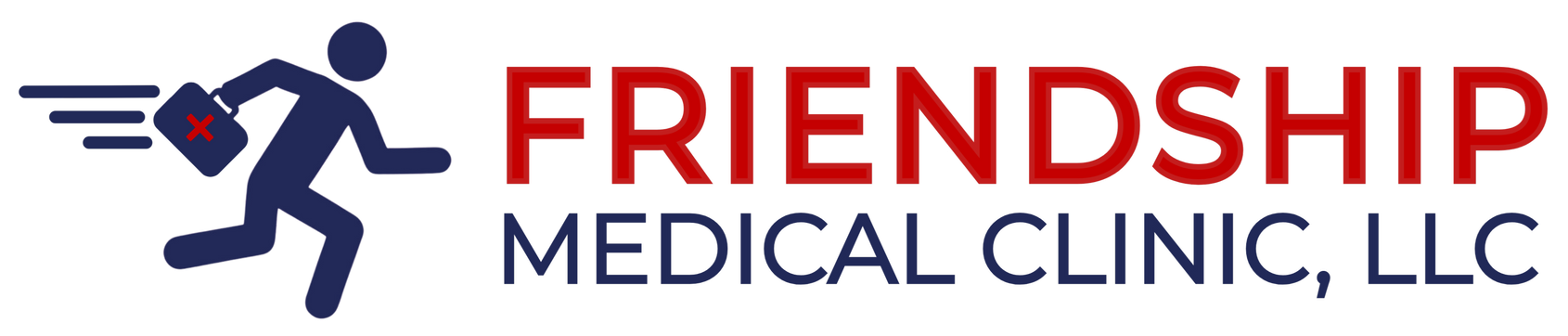 Logo for Friendship Medical Clinic, LLC featuring a dark blue icon of a person running with a medical bag.