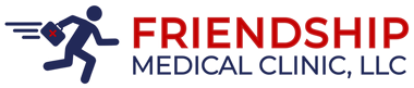 Logo for Friendship Medical Clinic, LLC featuring a dark blue icon of a person running with a medical bag.