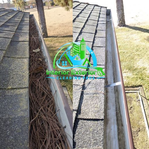 A before and after picture of a gutter cleaning on a roof.