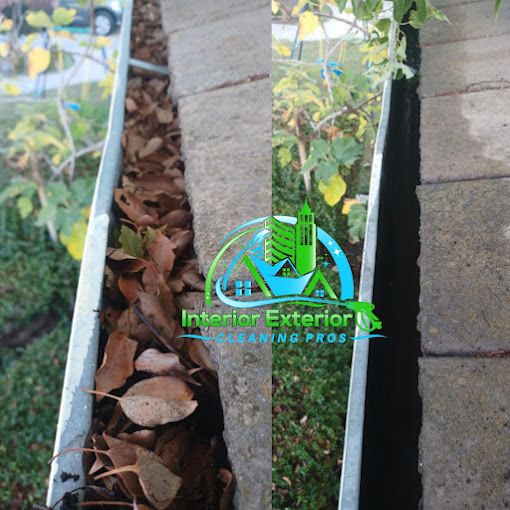 A picture of a gutter before and after being cleaned by interior exterior cleaning pros