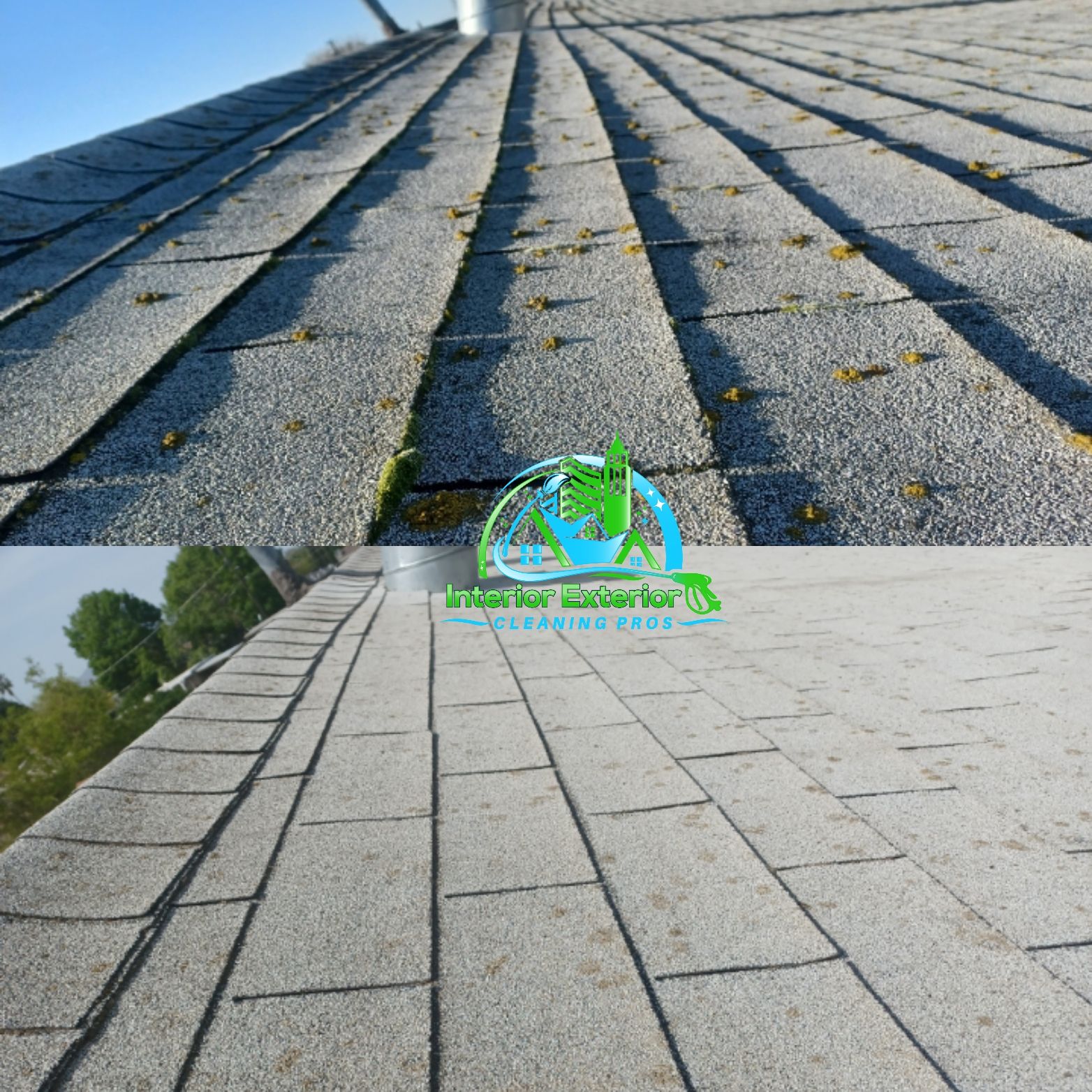 A picture of a roof before and after being cleaned