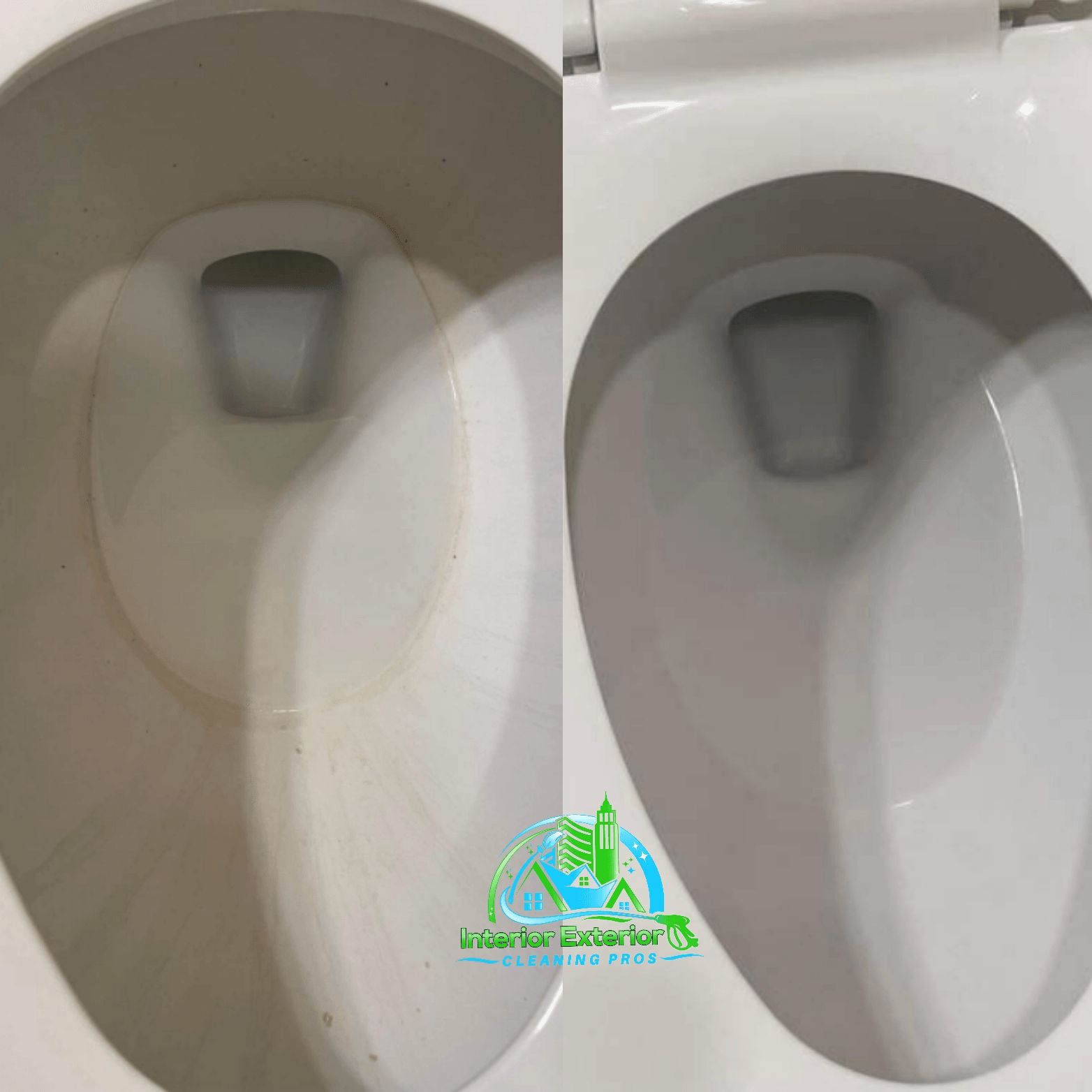 A before and after picture of a toilet that has been cleaned.