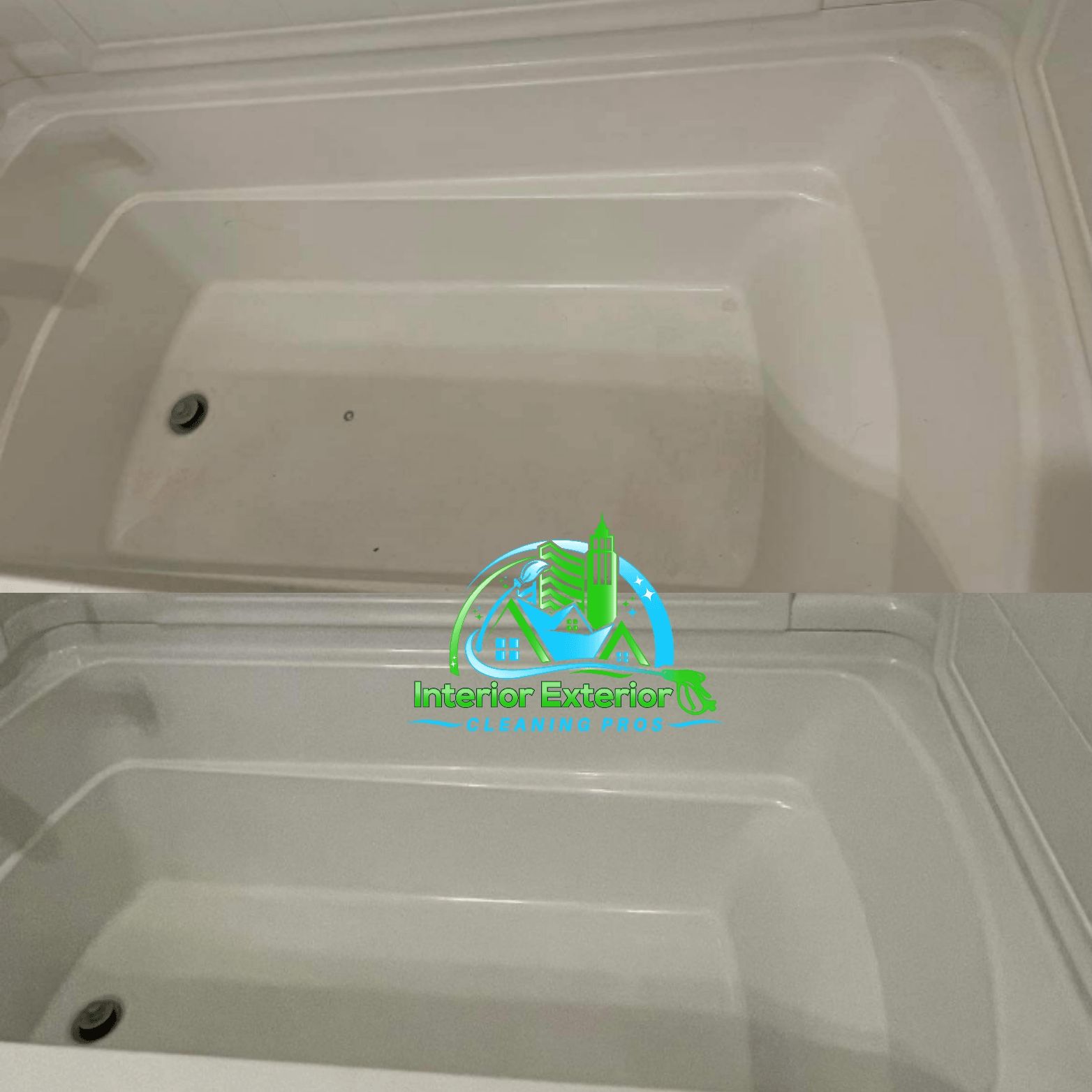 Two pictures of a bathtub before and after being cleaned.