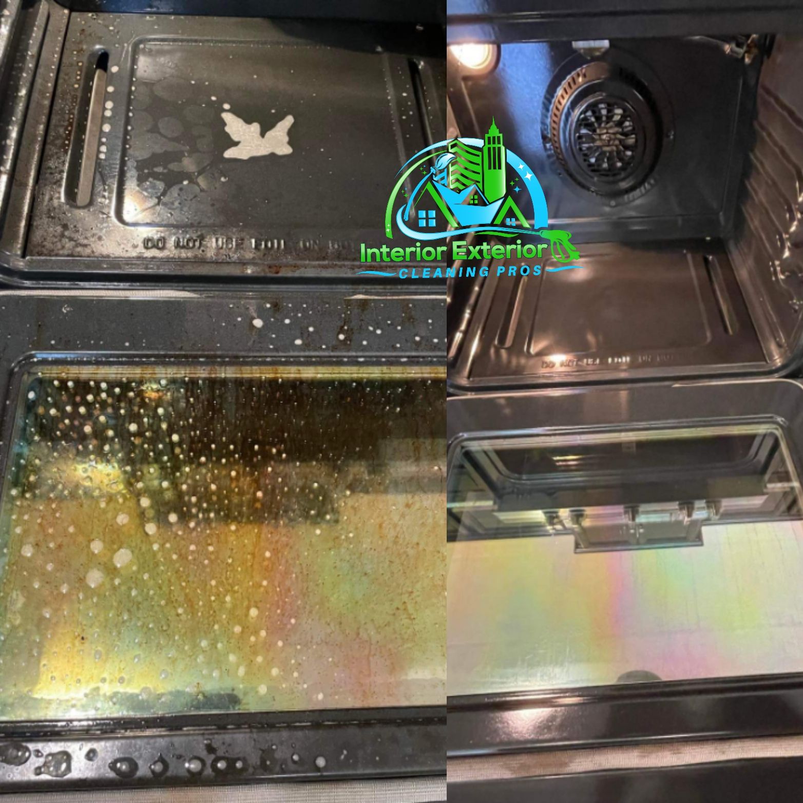 A before and after photo of an oven with the interior exterior company logo