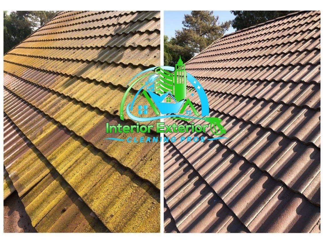 A before and after picture of a roof with moss on it.