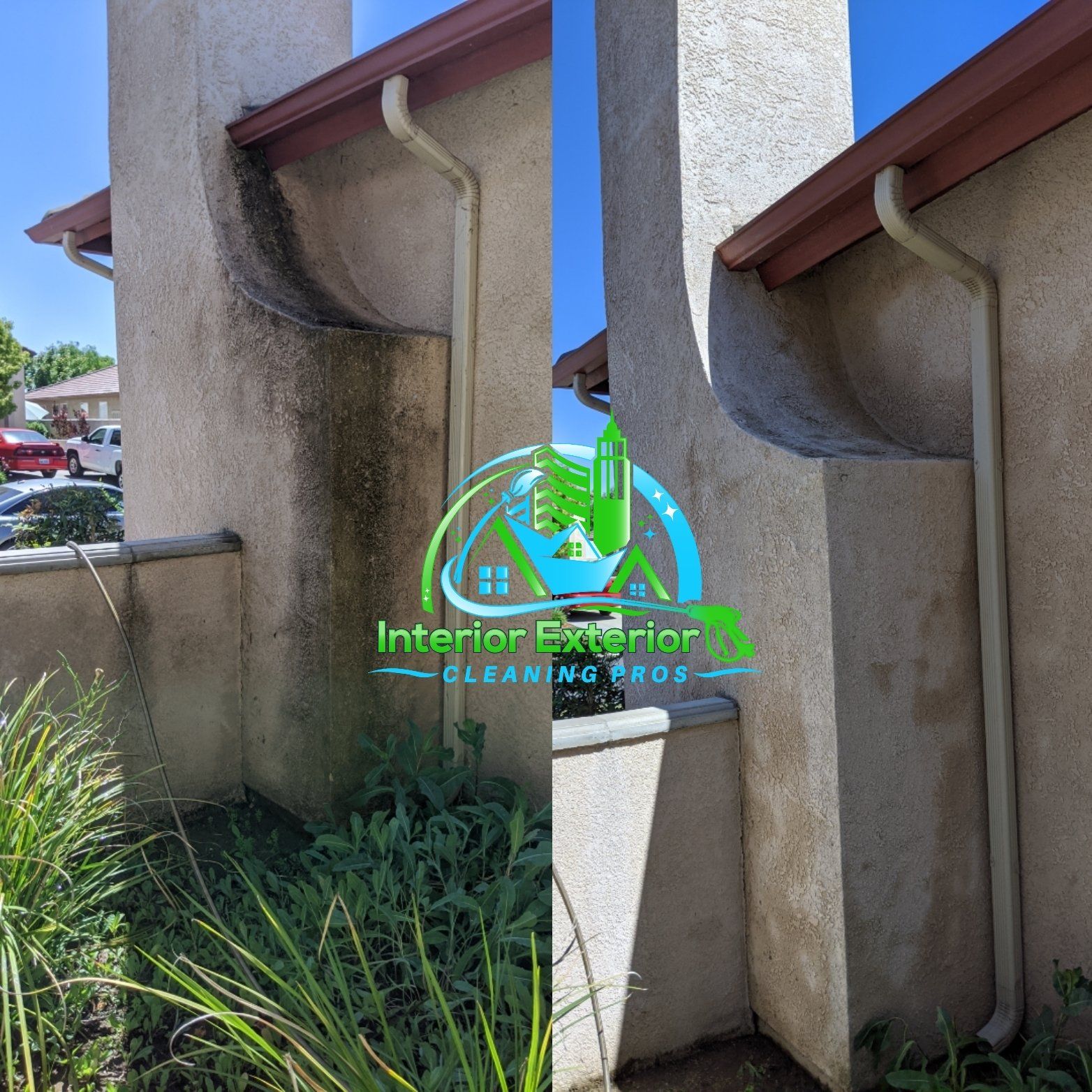 A picture of a house before and after being cleaned by interior exterior cleaning pros.