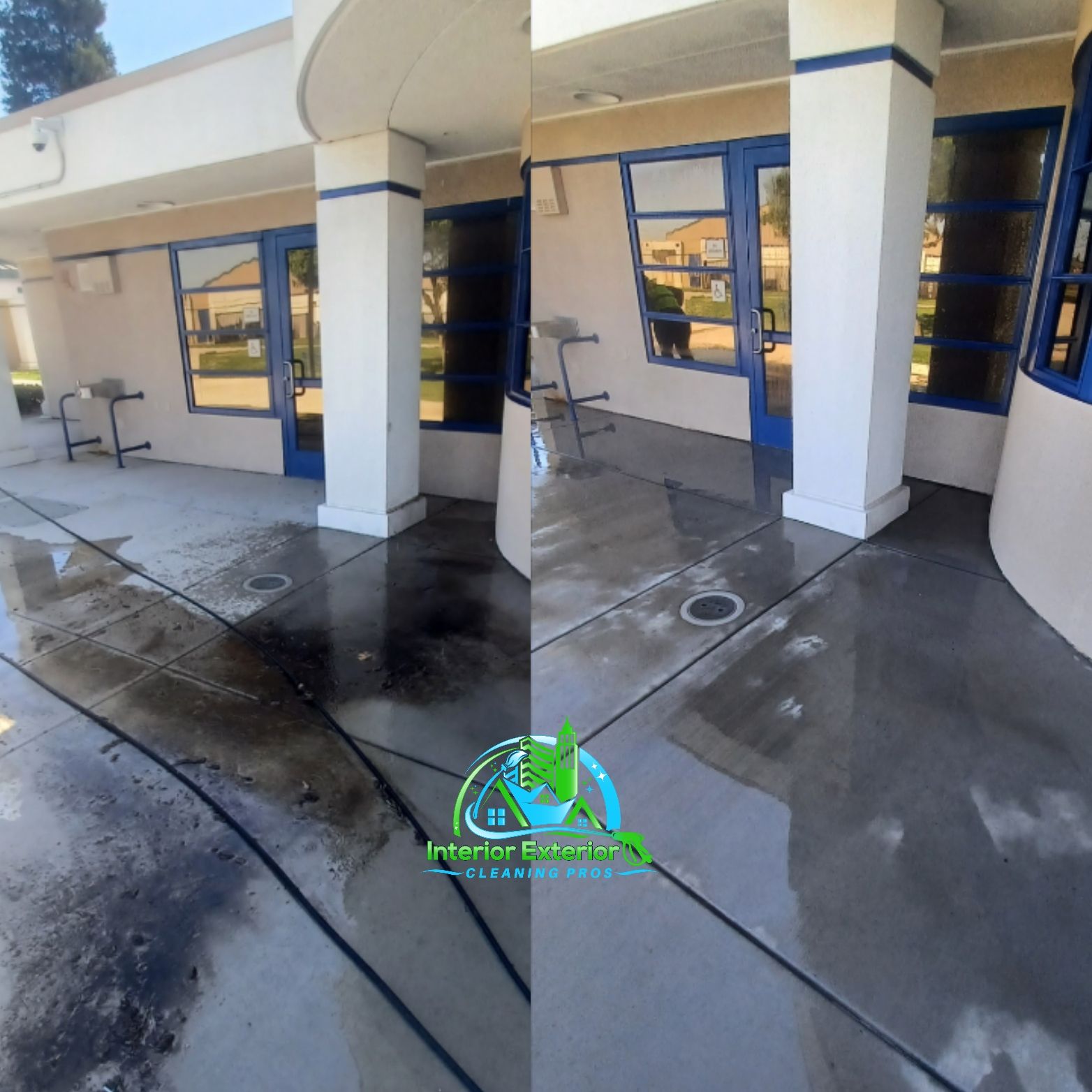 A before and after photo of a building with a logo for interior cleaning