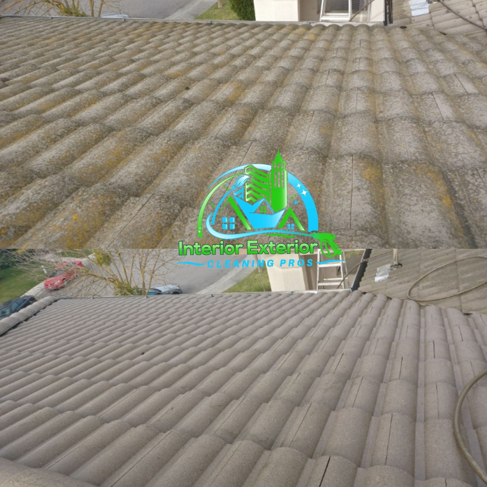 A before and after picture of a tiled roof