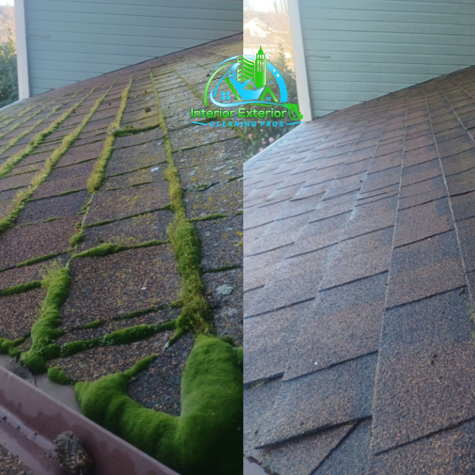 A before and after picture of a roof with moss on it