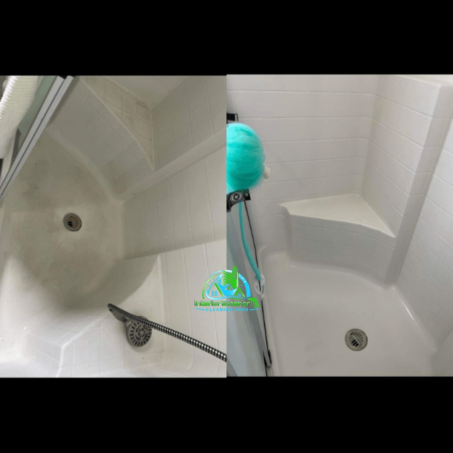 A before and after picture of a shower being cleaned.