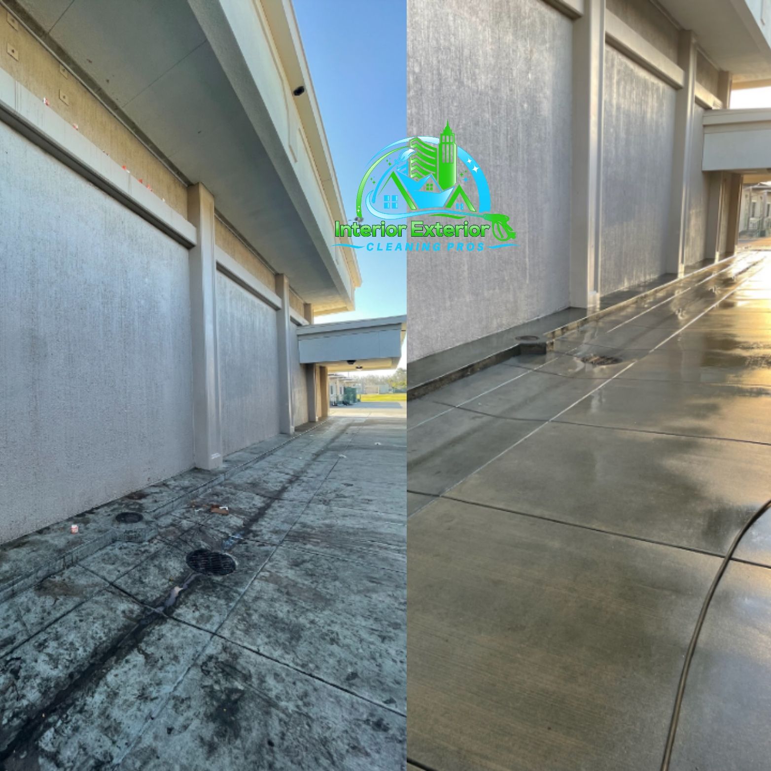 A before and after photo of a concrete walkway.