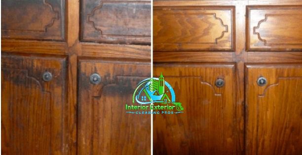 A before and after picture of a wooden cabinet.
