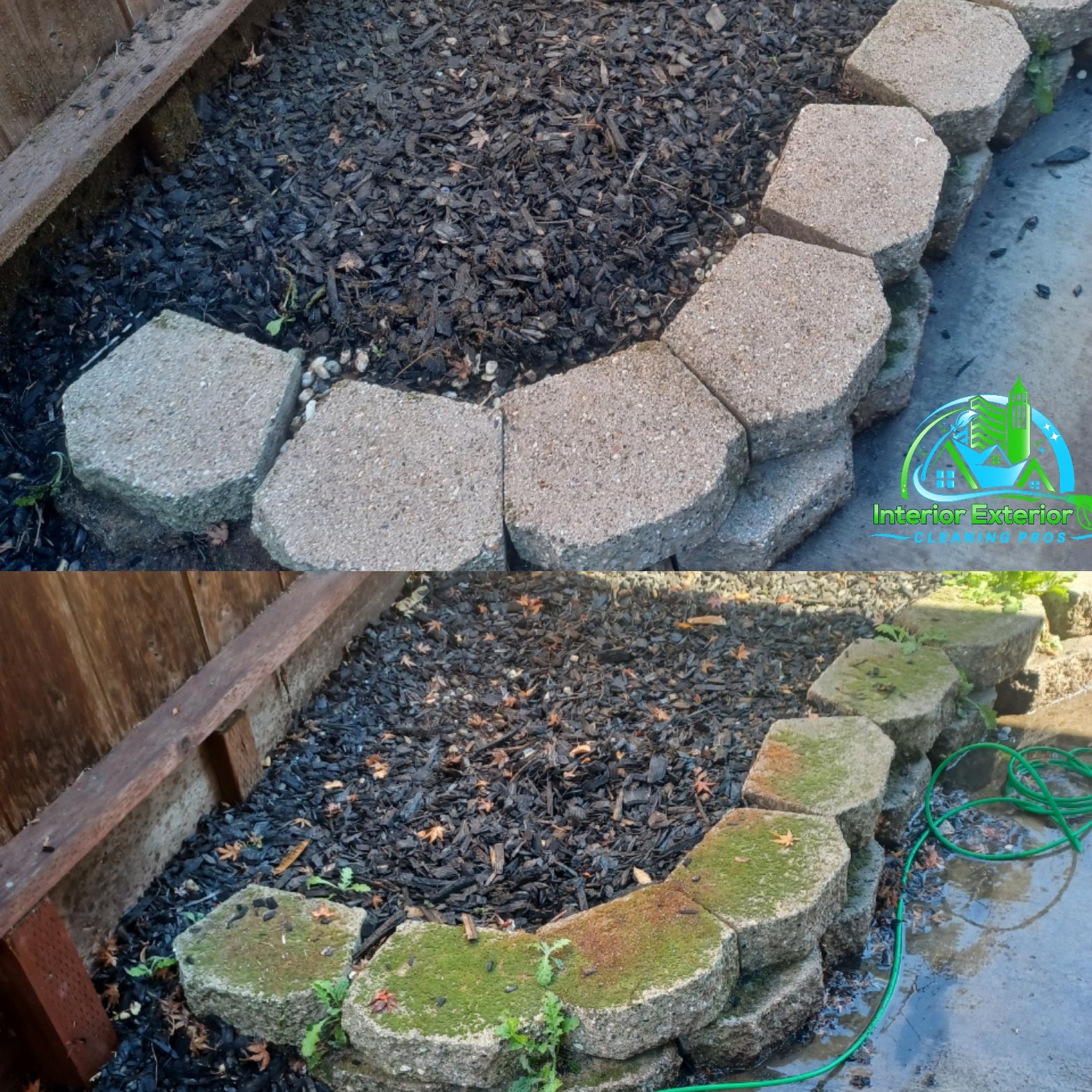 A before and after picture of a stone wall with moss growing on it.