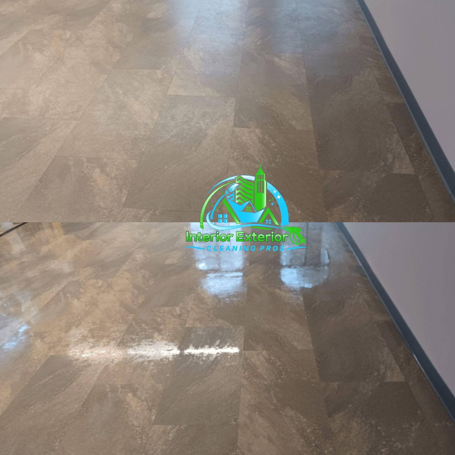 A before and after photo of a tiled floor.