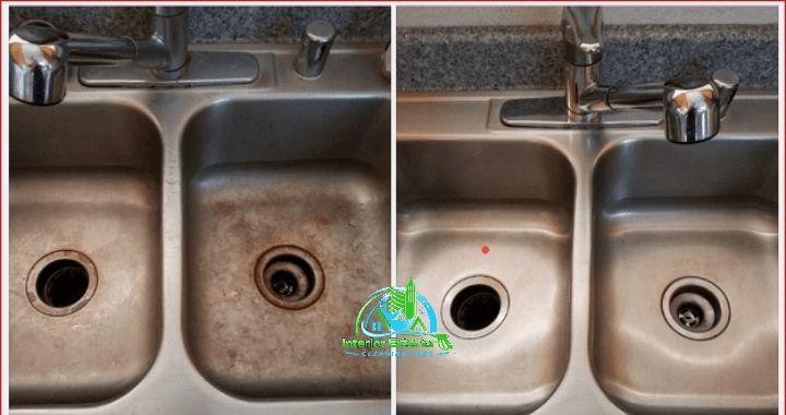 A before and after photo of a stainless steel kitchen sink.