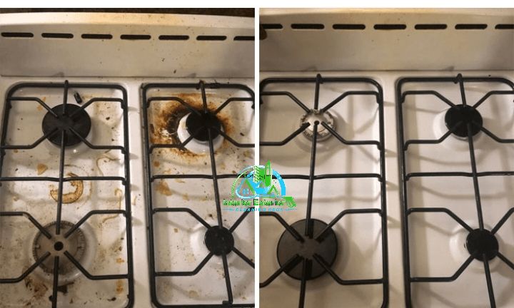 A before and after photo of a stove top oven that has been cleaned.